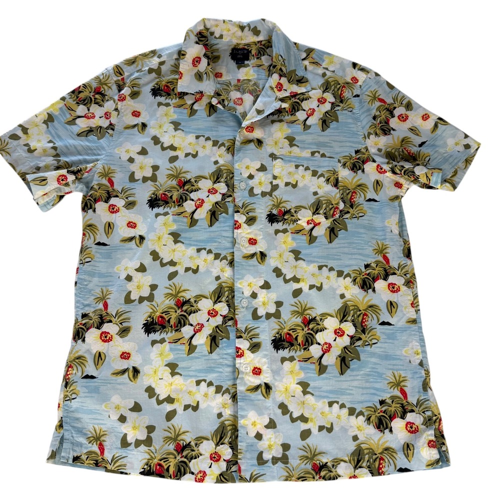 J.Crew Mens Short Sleeve Tropical Floral Cotton Camp Shirt Blue H9294 Size M